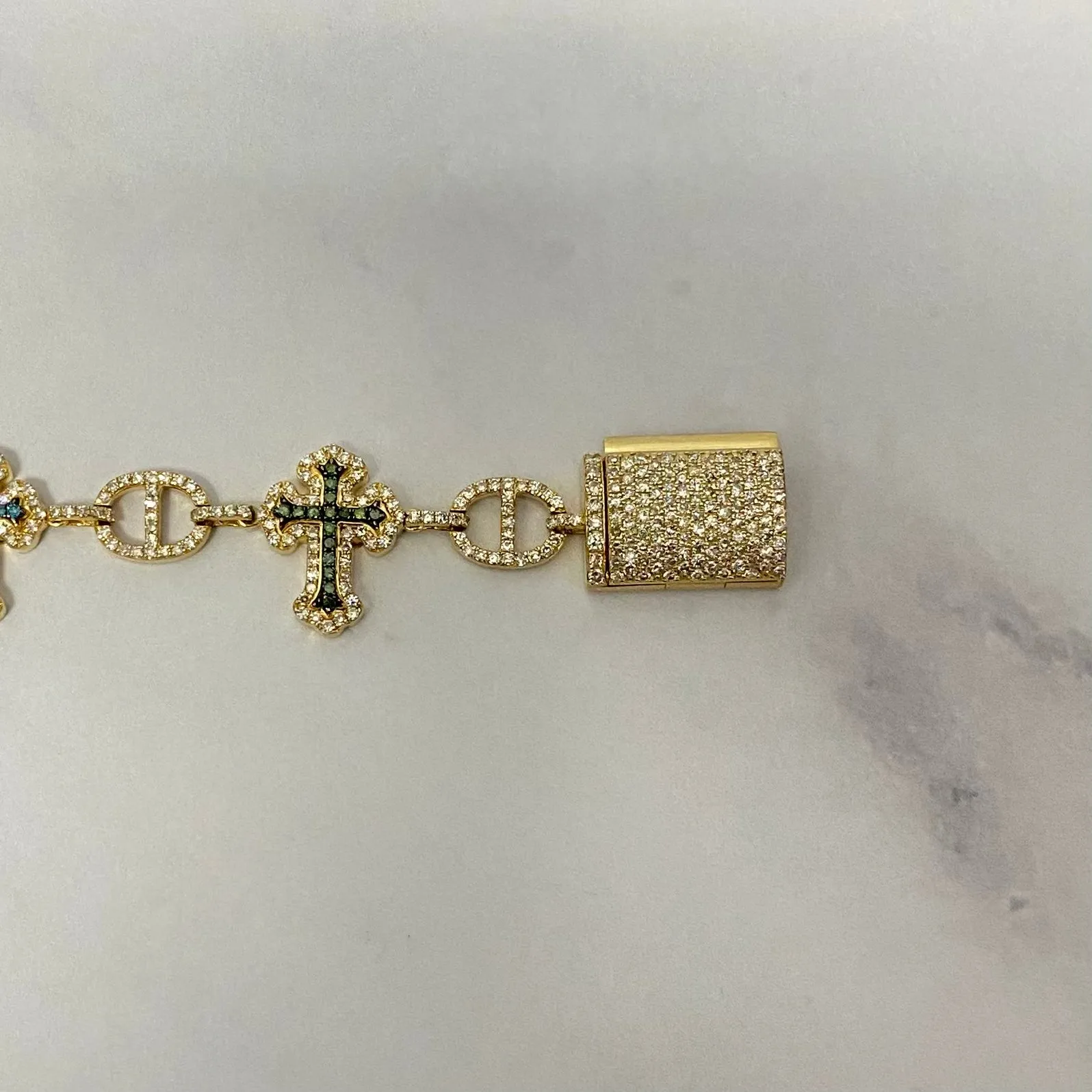 10K Yellow Gold Diamond Crosses Multicolor Chain 6.27Ct Lab Dia / 32.8gr / 7mm / 17in
