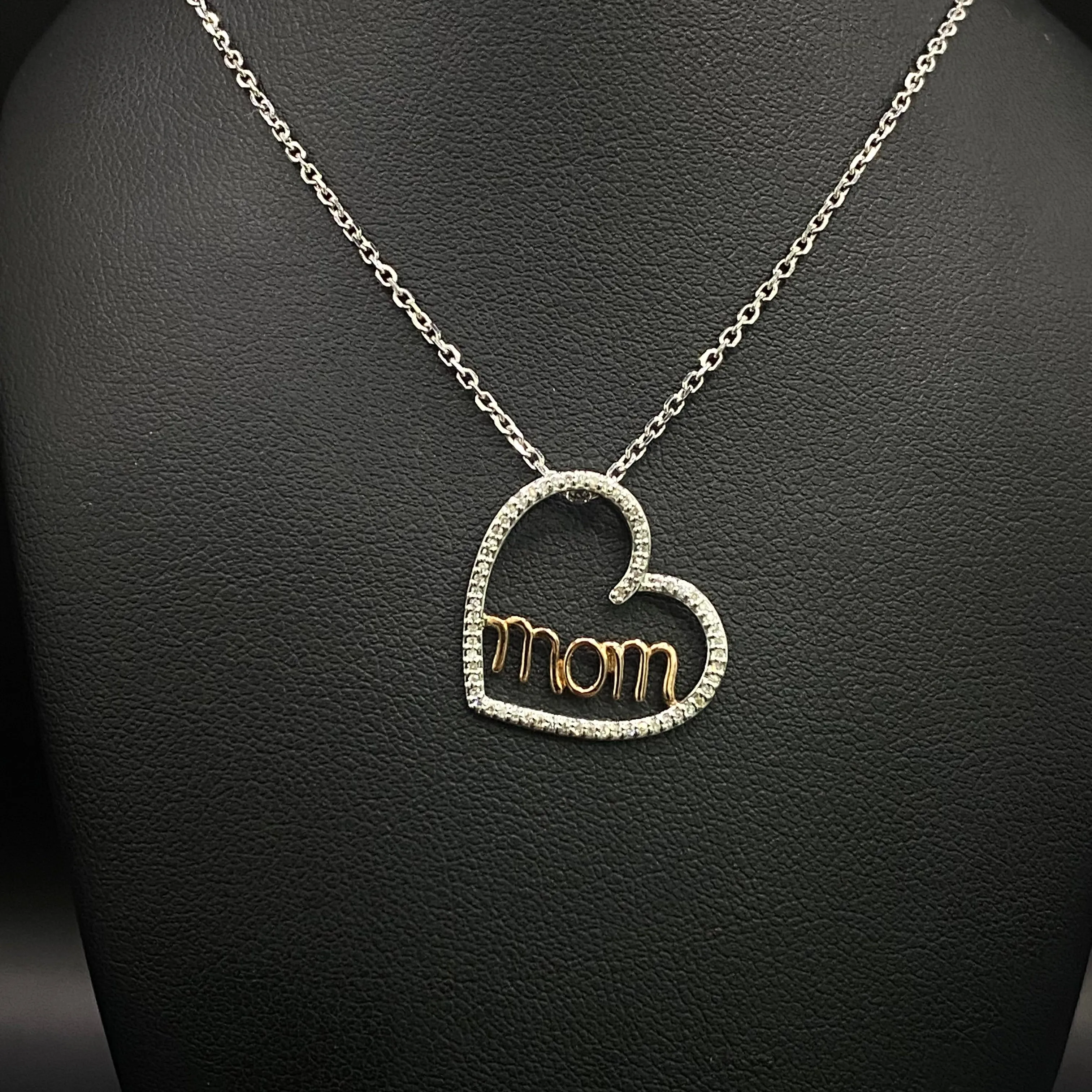 14K White - Rose Gold Heart Mom Jewelry Set With Diamond / 3.6gr / 1.3mm / 17in