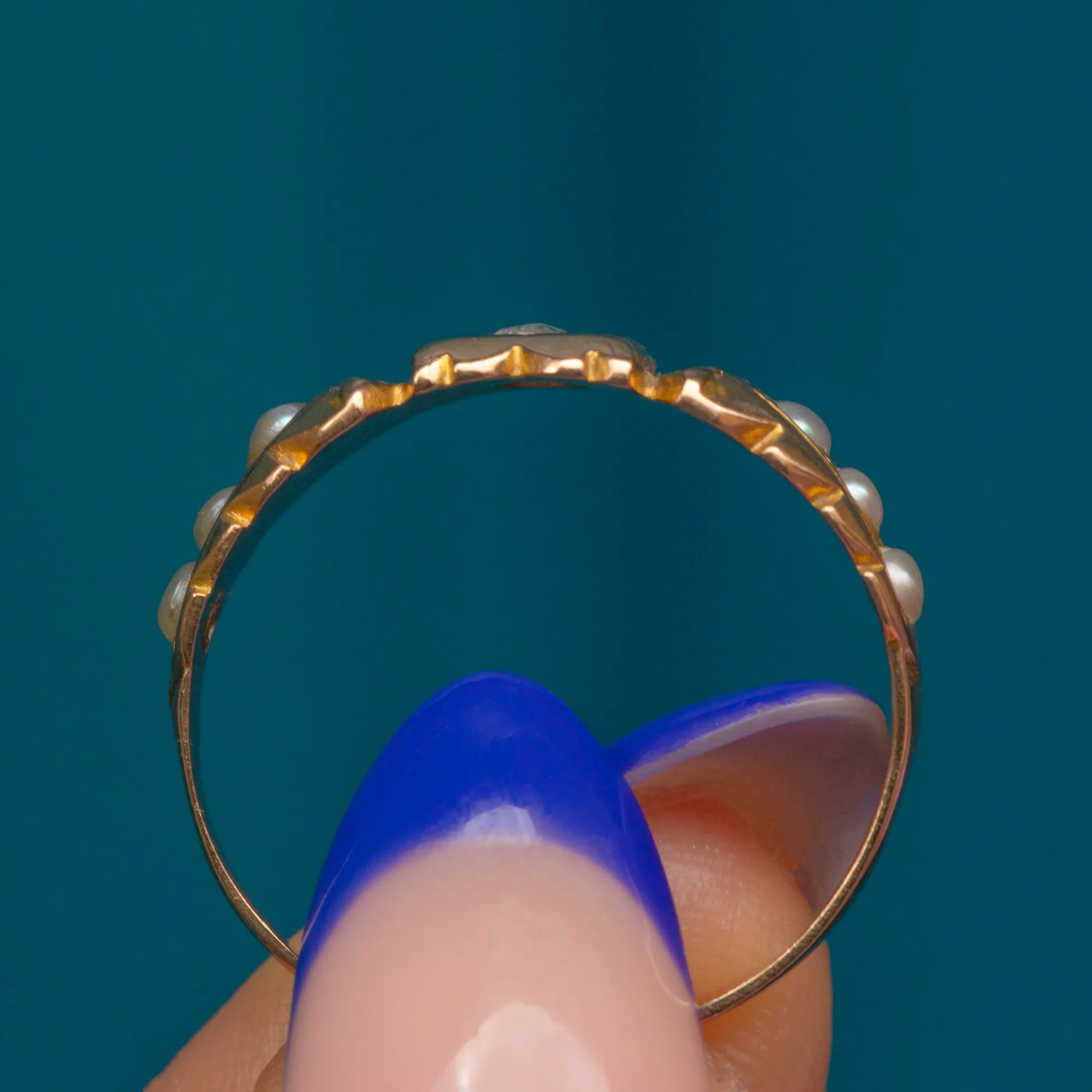 15ct Gold Rose-Cut Diamond Pearl Gypsy Ring, c.1894