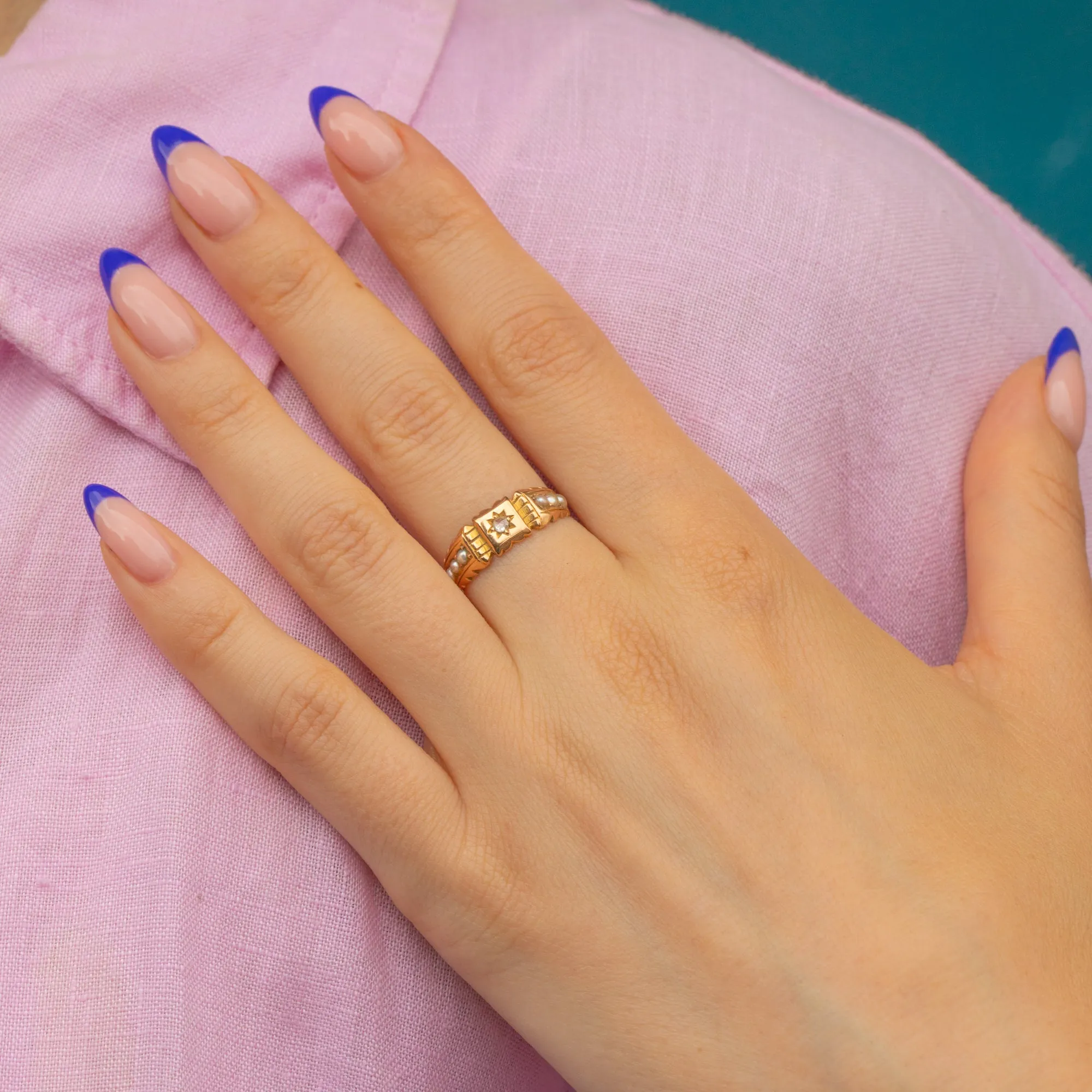 15ct Gold Rose-Cut Diamond Pearl Gypsy Ring, c.1894