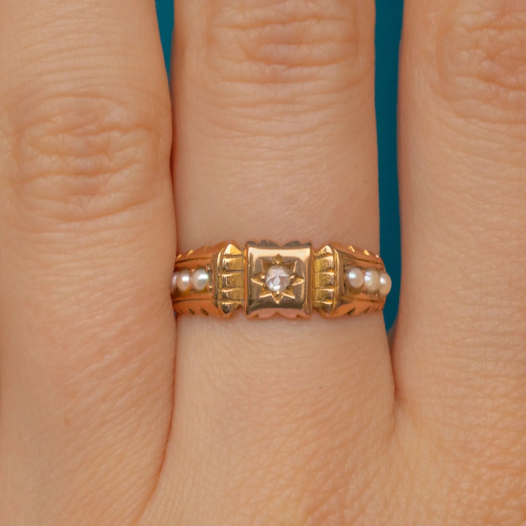 15ct Gold Rose-Cut Diamond Pearl Gypsy Ring, c.1894