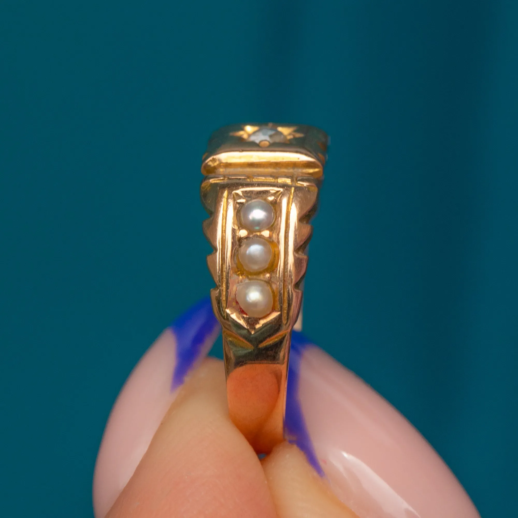 15ct Gold Rose-Cut Diamond Pearl Gypsy Ring, c.1894