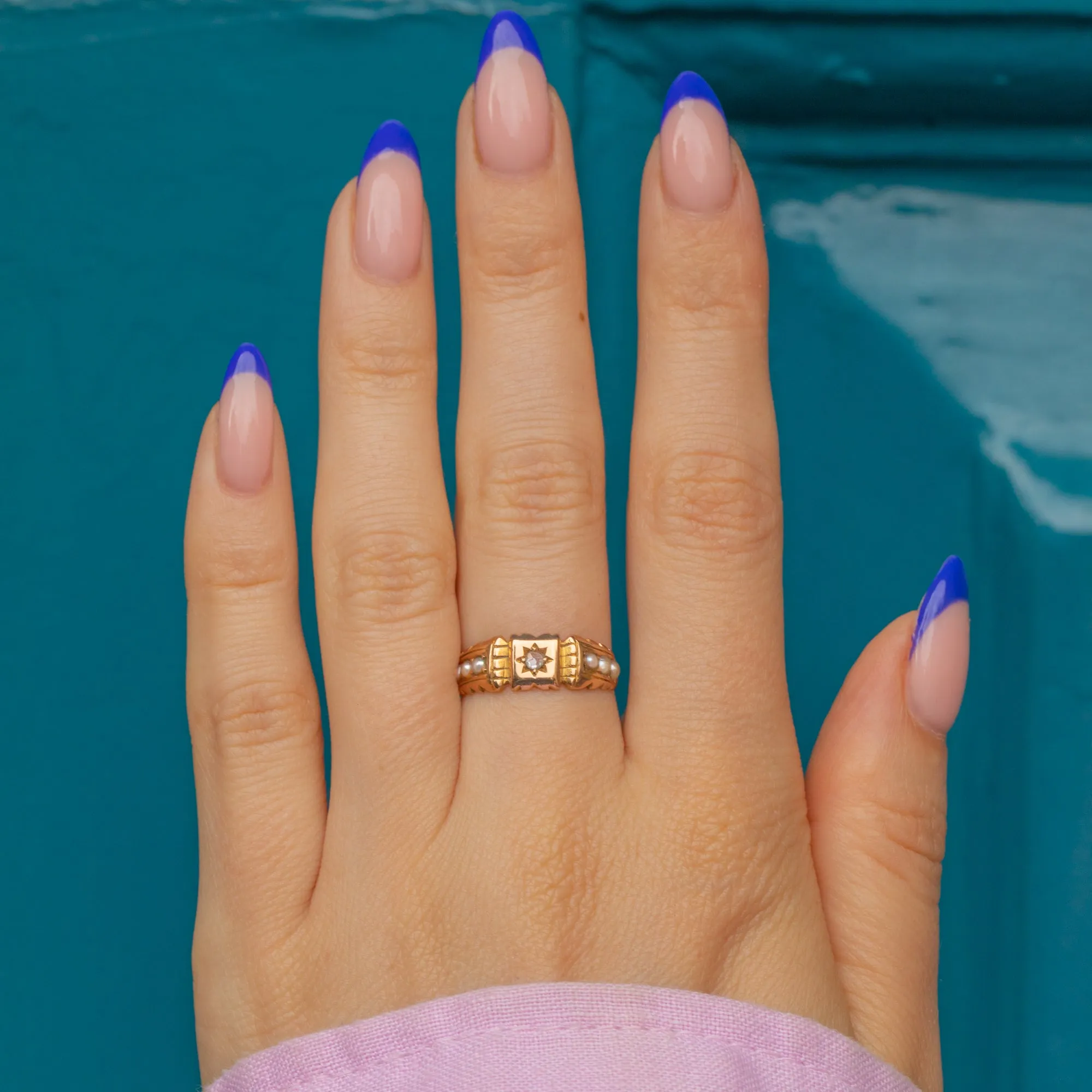 15ct Gold Rose-Cut Diamond Pearl Gypsy Ring, c.1894