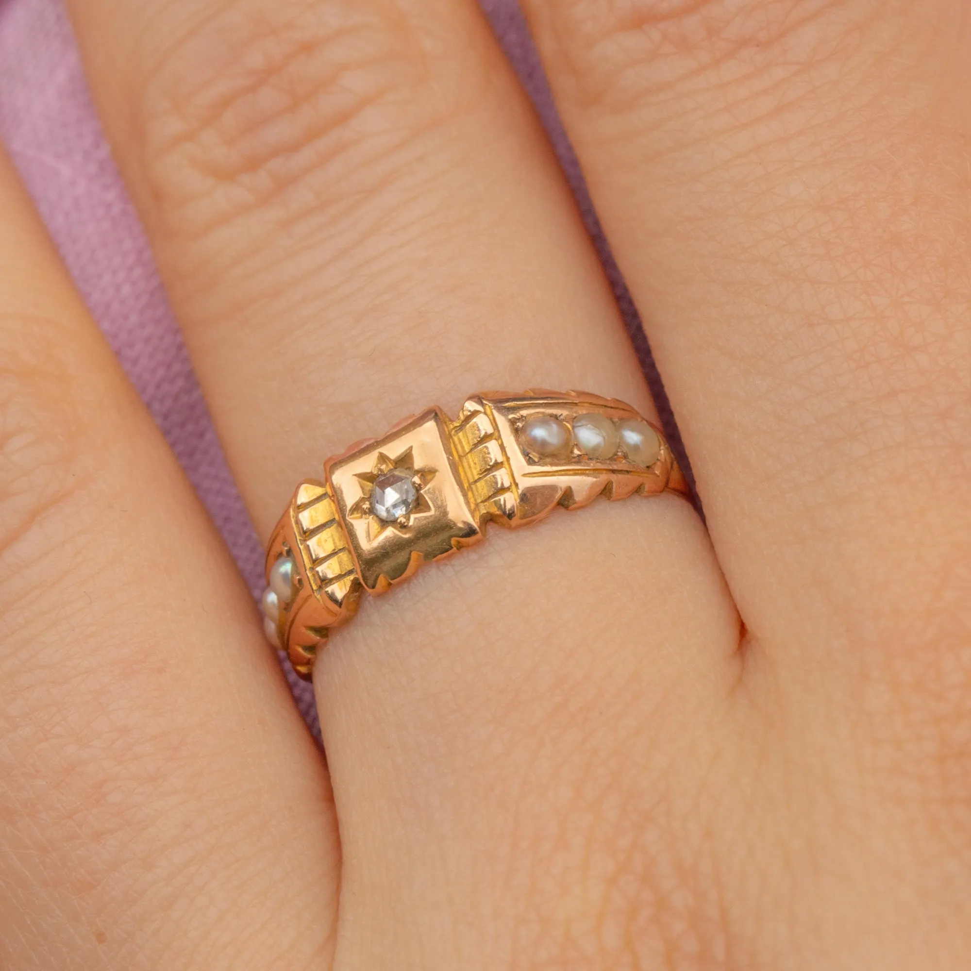 15ct Gold Rose-Cut Diamond Pearl Gypsy Ring, c.1894
