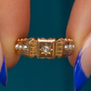 15ct Gold Rose-Cut Diamond Pearl Gypsy Ring, c.1894