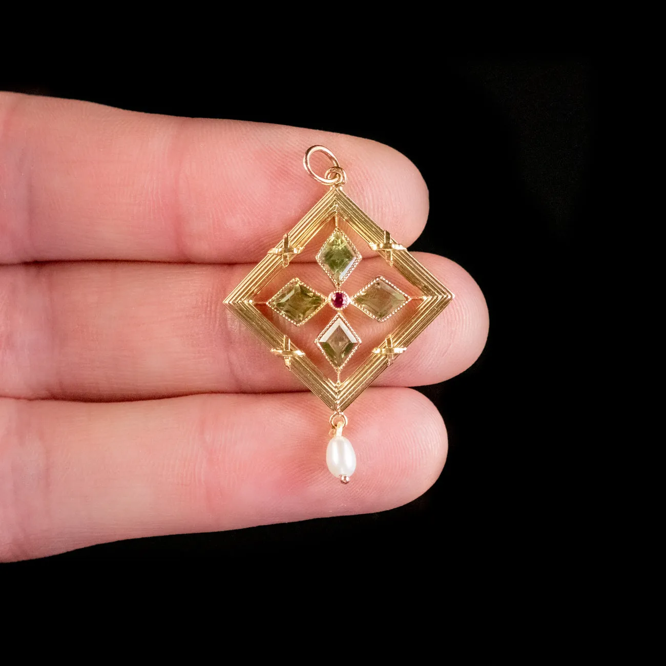 Antique Edwardian Suffragette Peridot Ruby Pearl Pendant 18ct Gold Circa 1910