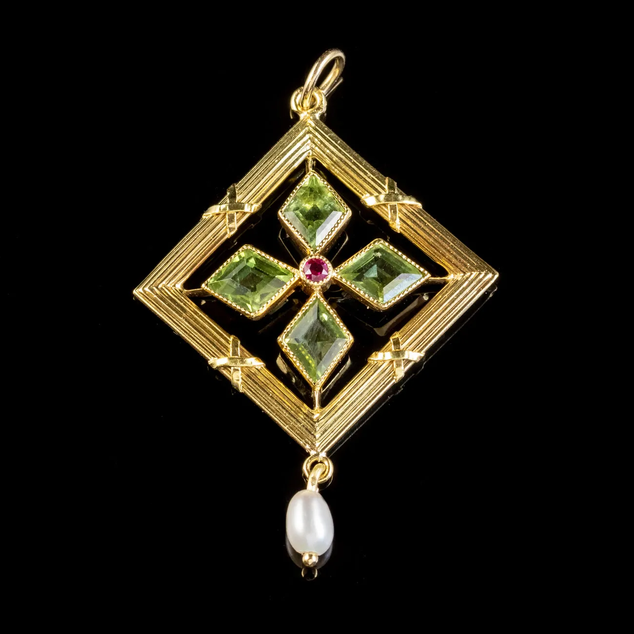 Antique Edwardian Suffragette Peridot Ruby Pearl Pendant 18ct Gold Circa 1910