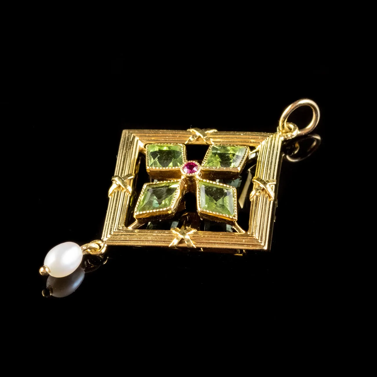 Antique Edwardian Suffragette Peridot Ruby Pearl Pendant 18ct Gold Circa 1910