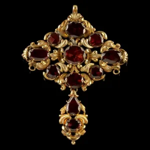 Antique Georgian Flat Cut Garnet Brooch 18Ct Gold Circa 1800