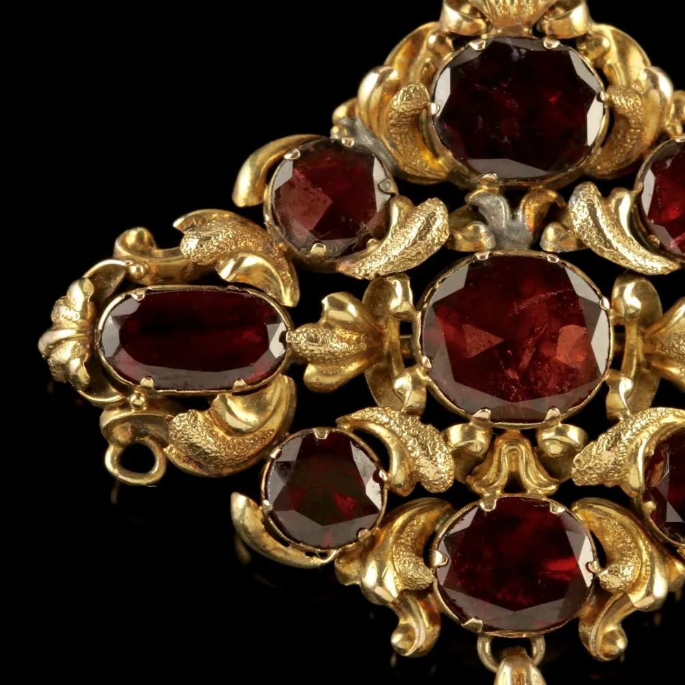 Antique Georgian Flat Cut Garnet Brooch 18Ct Gold Circa 1800