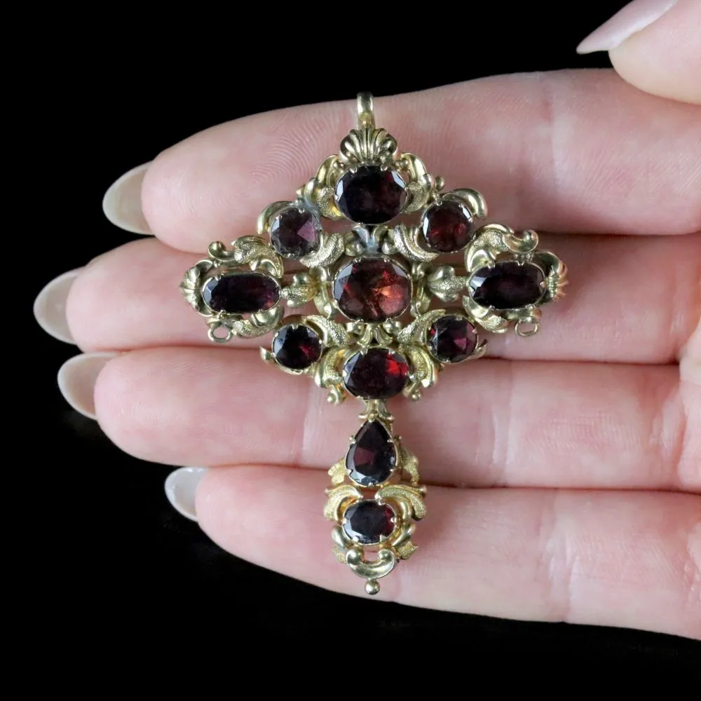 Antique Georgian Flat Cut Garnet Brooch 18Ct Gold Circa 1800