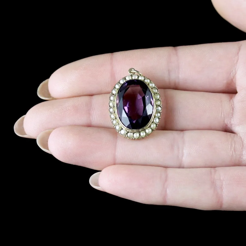 Antique Victorian Amethyst Pearl Pendant 15Ct Gold