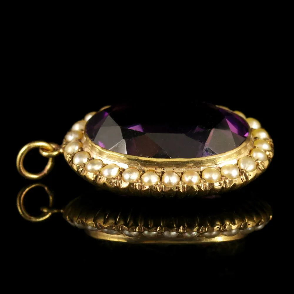 Antique Victorian Amethyst Pearl Pendant 15Ct Gold