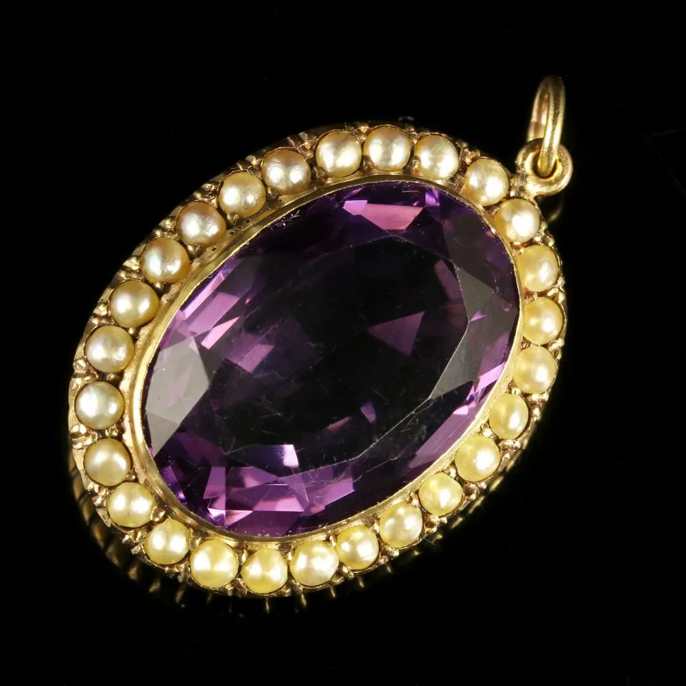 Antique Victorian Amethyst Pearl Pendant 15Ct Gold