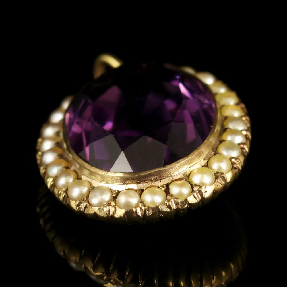 Antique Victorian Amethyst Pearl Pendant 15Ct Gold