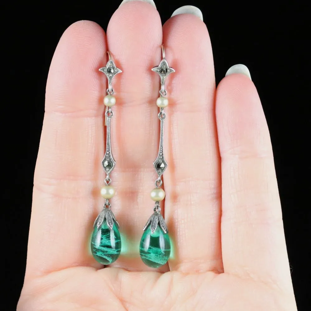 Antique Victorian Green Glass Pearl Earrings Long Silver Circa 1900