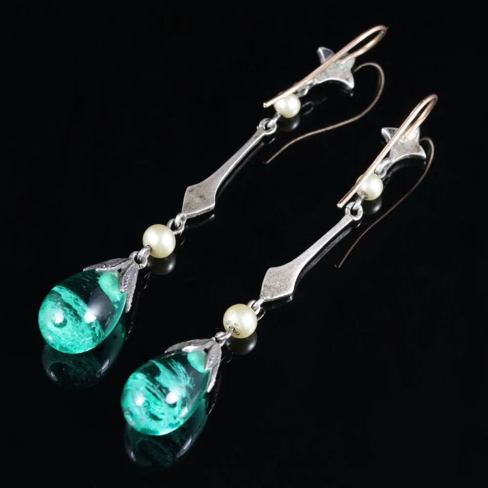 Antique Victorian Green Glass Pearl Earrings Long Silver Circa 1900