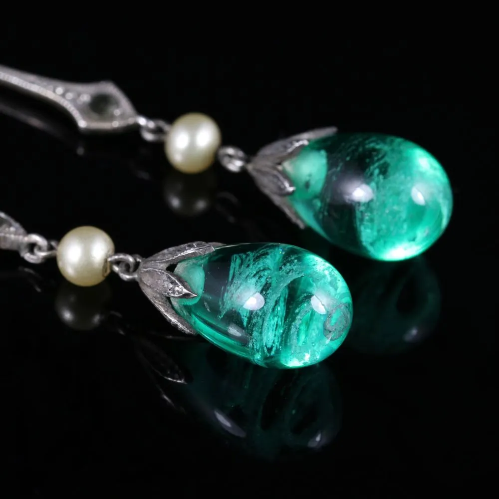 Antique Victorian Green Glass Pearl Earrings Long Silver Circa 1900