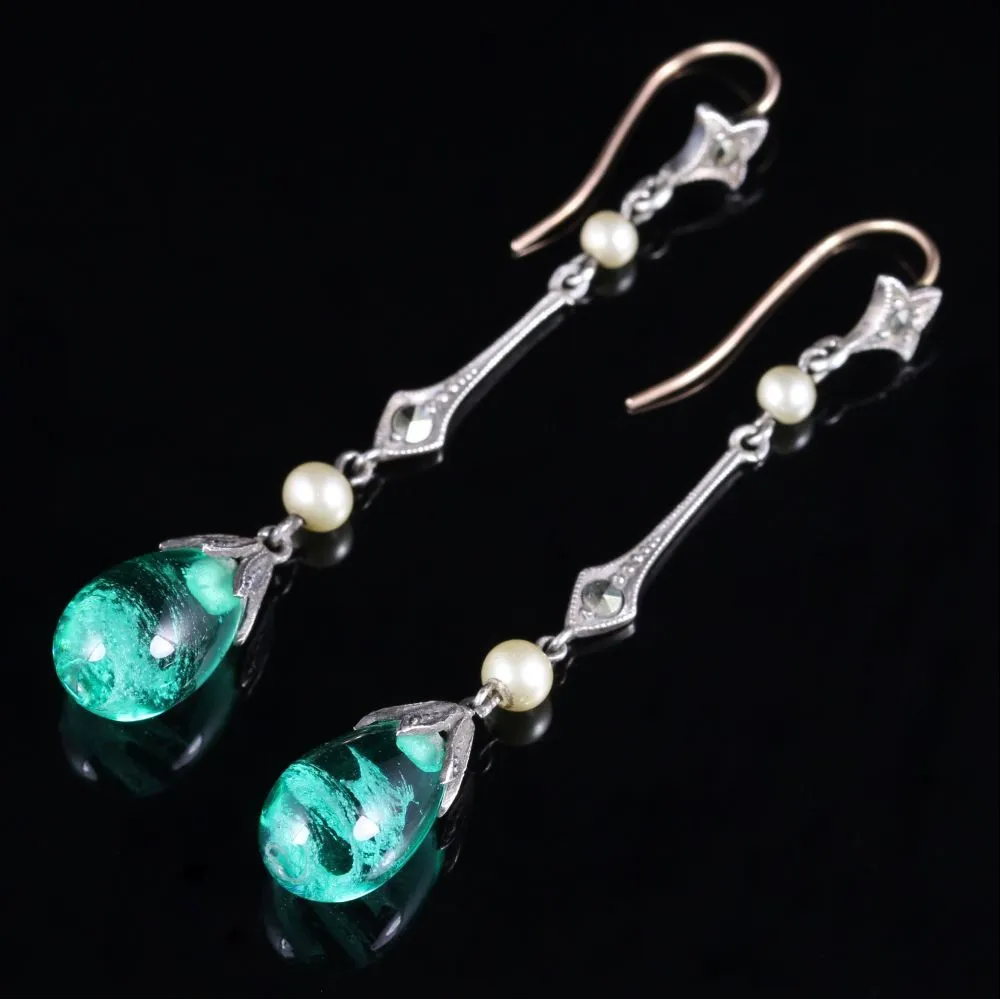 Antique Victorian Green Glass Pearl Earrings Long Silver Circa 1900