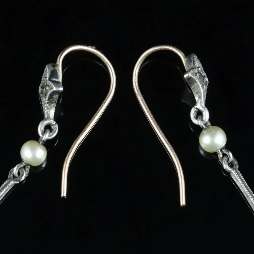 Antique Victorian Green Glass Pearl Earrings Long Silver Circa 1900