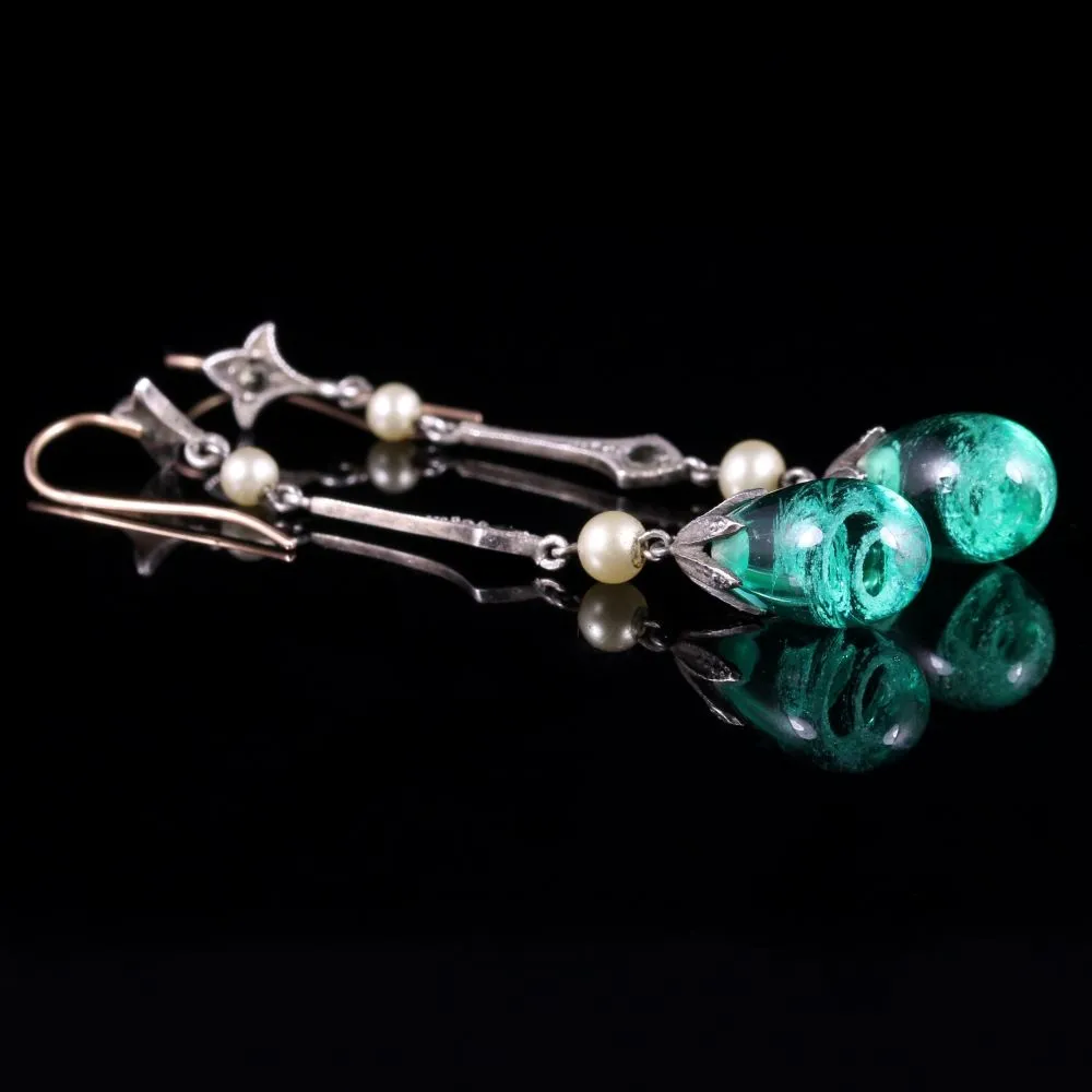 Antique Victorian Green Glass Pearl Earrings Long Silver Circa 1900
