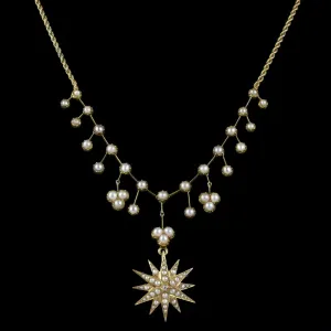 Antique Victorian Pearl Diamond Necklace 18Ct Gold