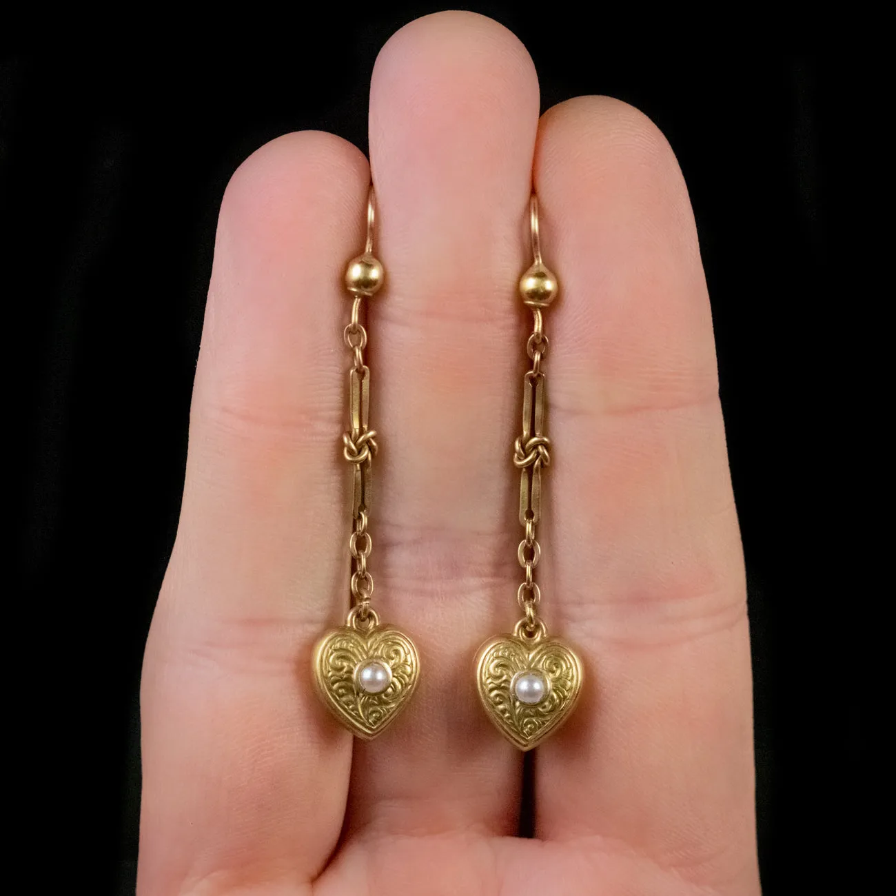Antique Victorian Pearl Heart Drop Earrings 15Ct Gold Circa 1900