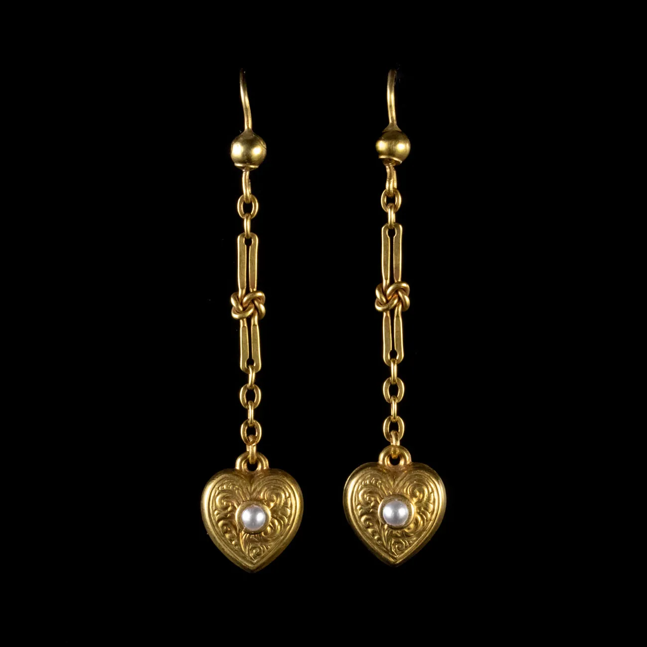 Antique Victorian Pearl Heart Drop Earrings 15Ct Gold Circa 1900