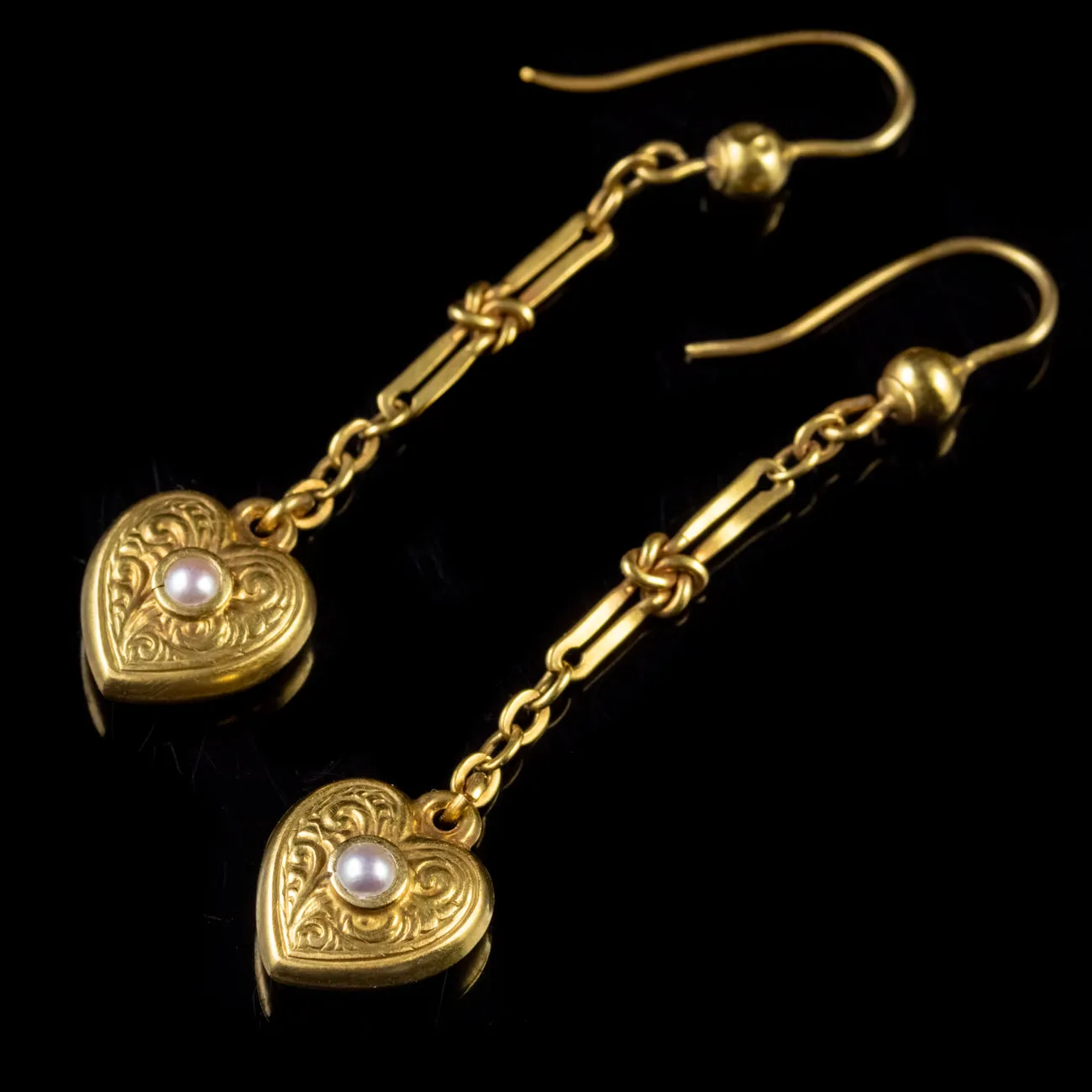 Antique Victorian Pearl Heart Drop Earrings 15Ct Gold Circa 1900
