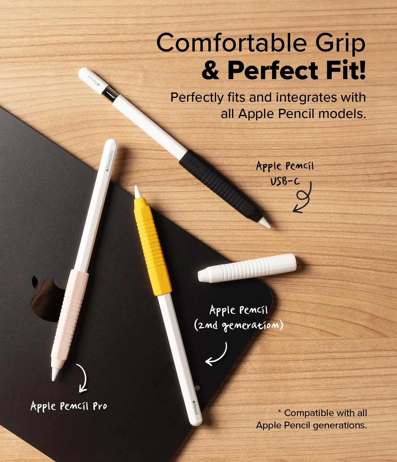 Apple Pencil Pro/USB C / 2nd / 1st Generation Cover , Silicone Drafting Grip Holder  - Black