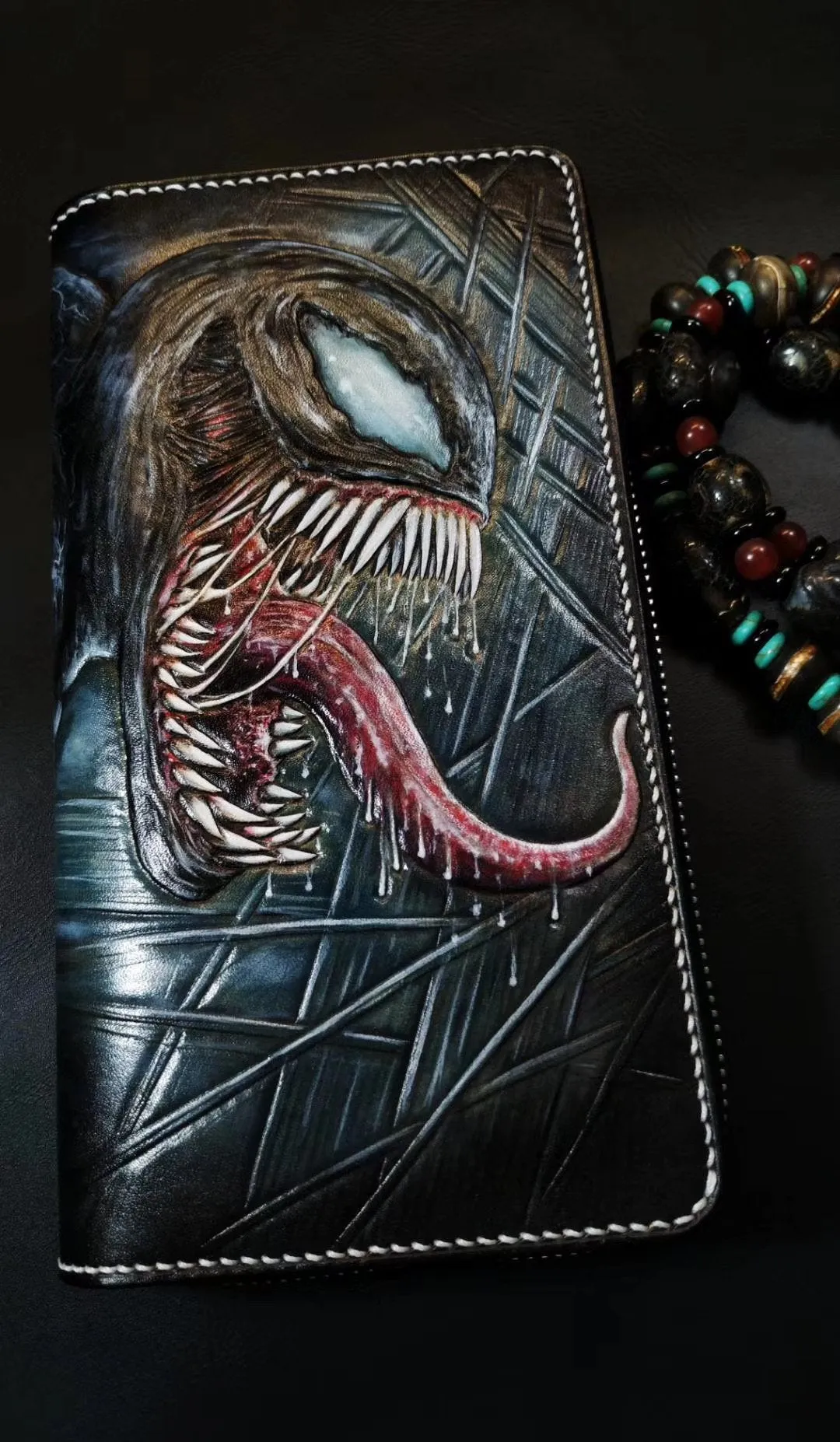Badass Black Leather Men's Venom Long Biker Wallet Handmade Tooled Zipper Long Wallets For Men