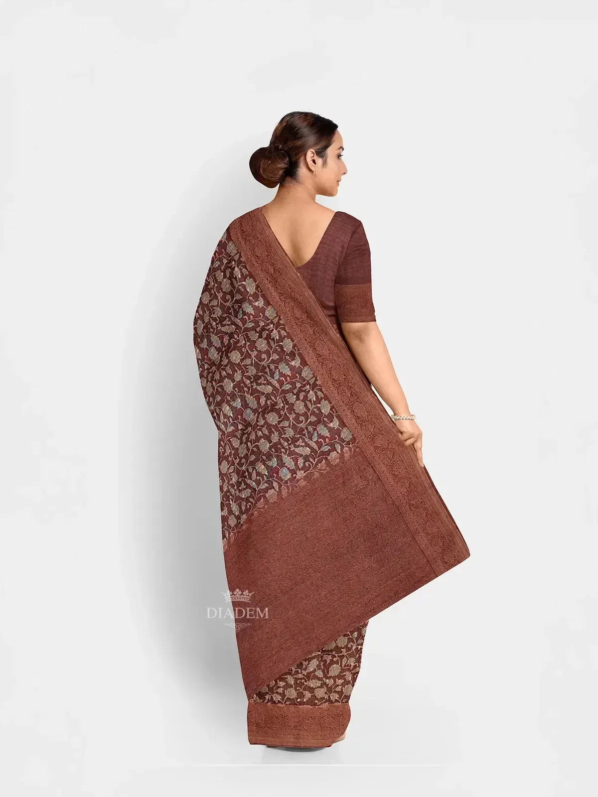Brown Chanderi Silk Saree with Floral Prints on the body and Zari Border