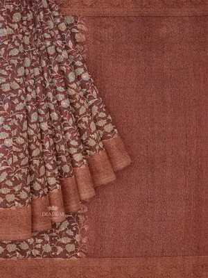 Brown Chanderi Silk Saree with Floral Prints on the body and Zari Border
