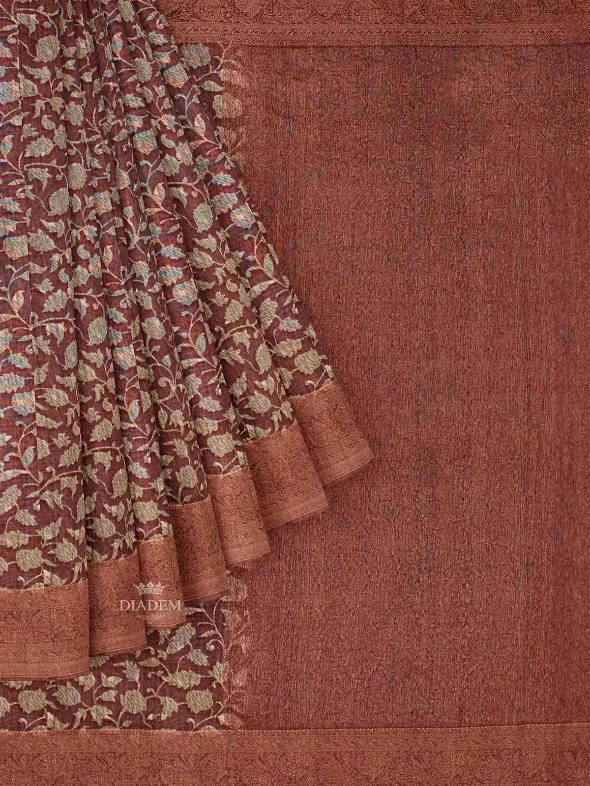 Brown Chanderi Silk Saree with Floral Prints on the body and Zari Border