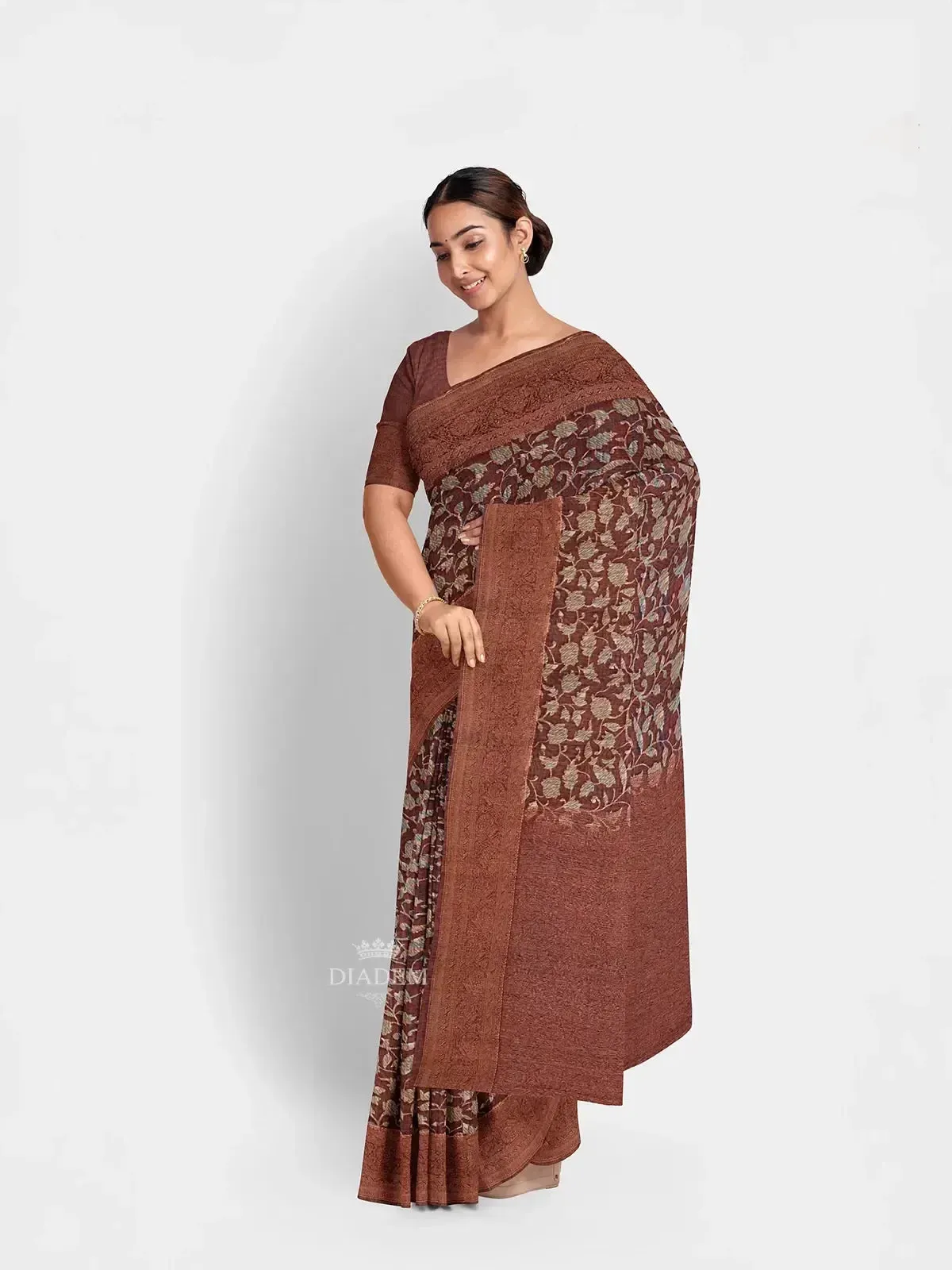 Brown Chanderi Silk Saree with Floral Prints on the body and Zari Border