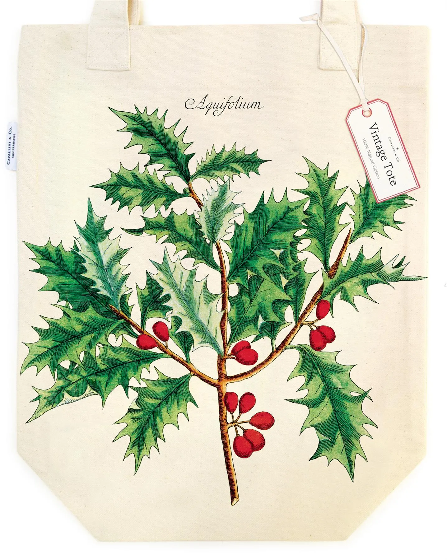 Cavallini - 100% Natural Cotton Vintage Tote Bag - 33x40.5cms - Christmas Holly