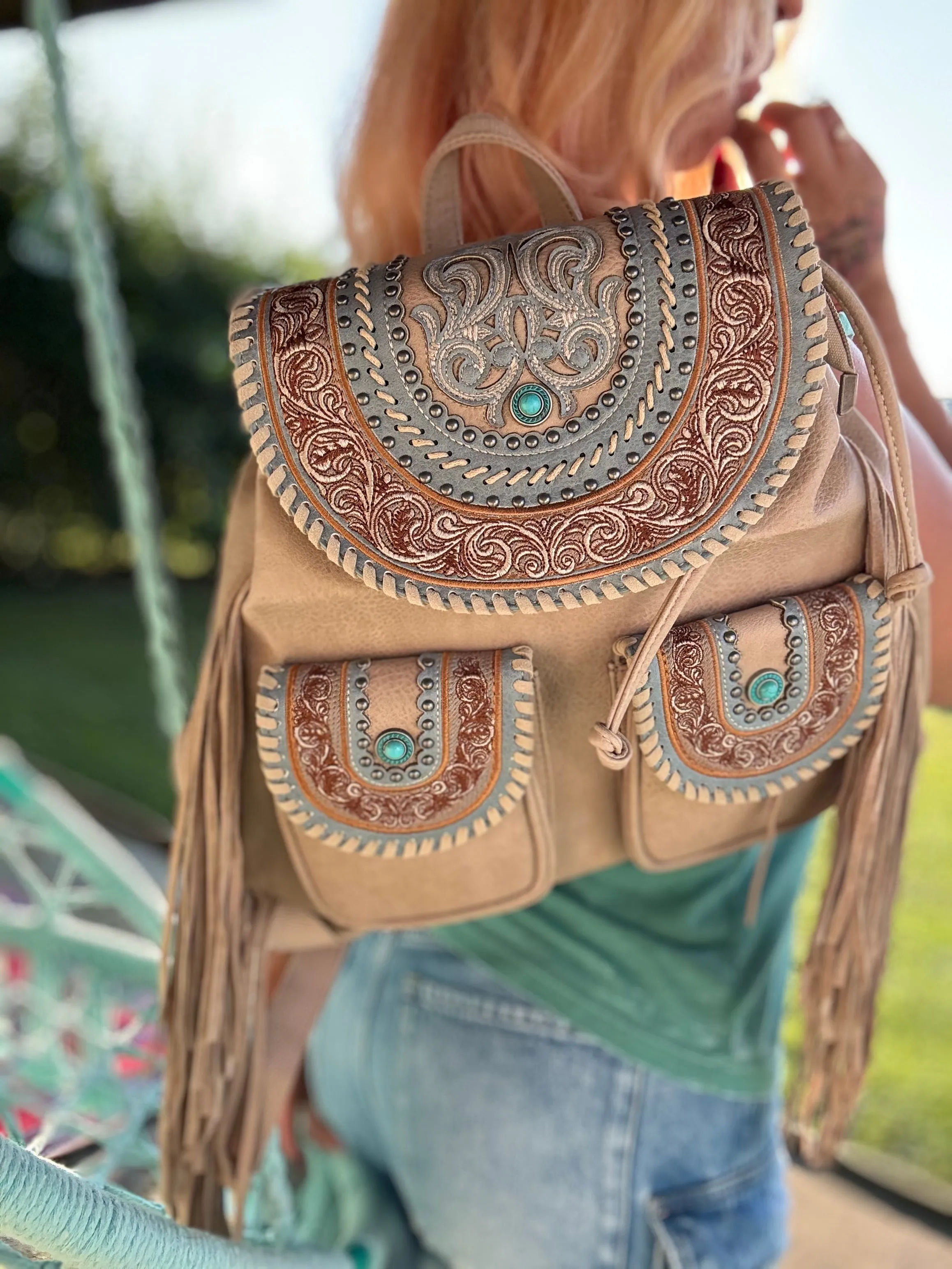 Celebrity Daytrip Studded Vegan Leather Embroidered Fringe Backpack in Turquoise Oat NEW