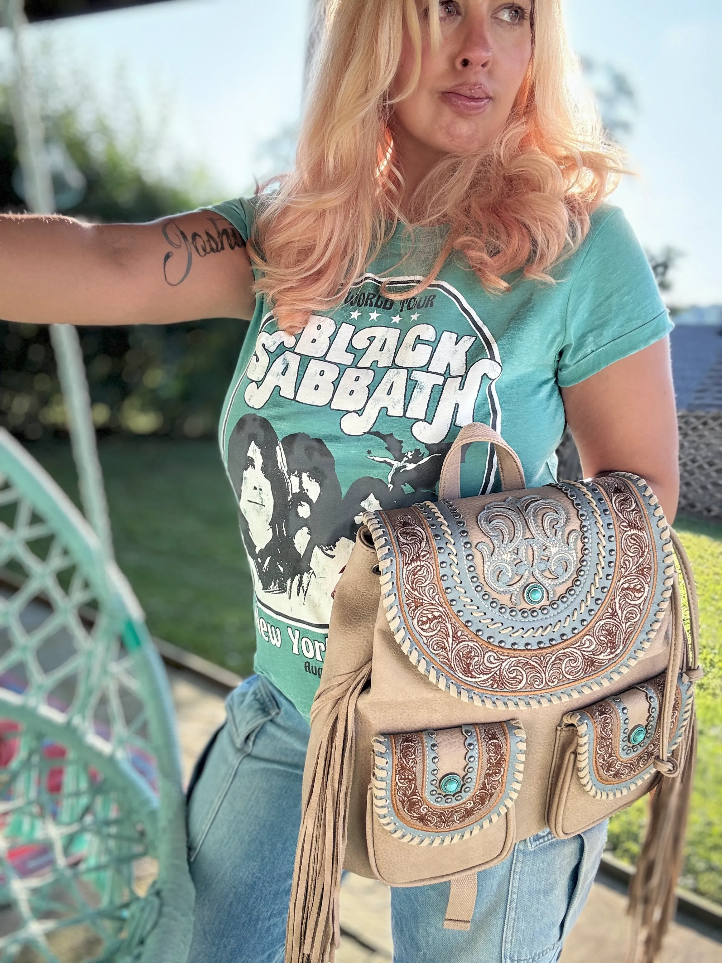 Celebrity Daytrip Studded Vegan Leather Embroidered Fringe Backpack in Turquoise Oat NEW