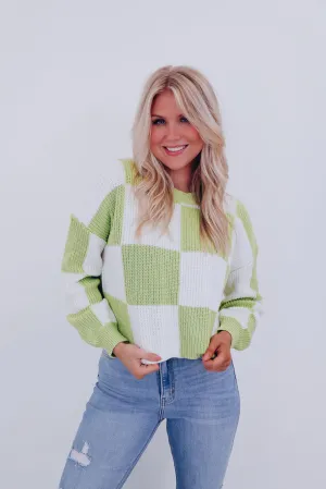 Charming Checkered Cropped Sweater - Lime