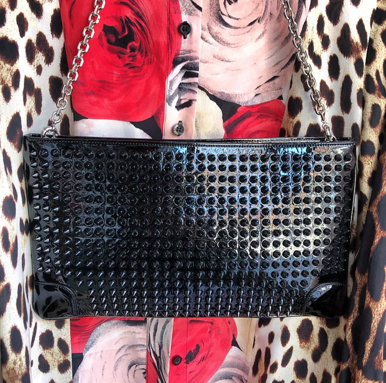 Christian Louboutin Black Patent Stud Loubiposh Clutch Bag