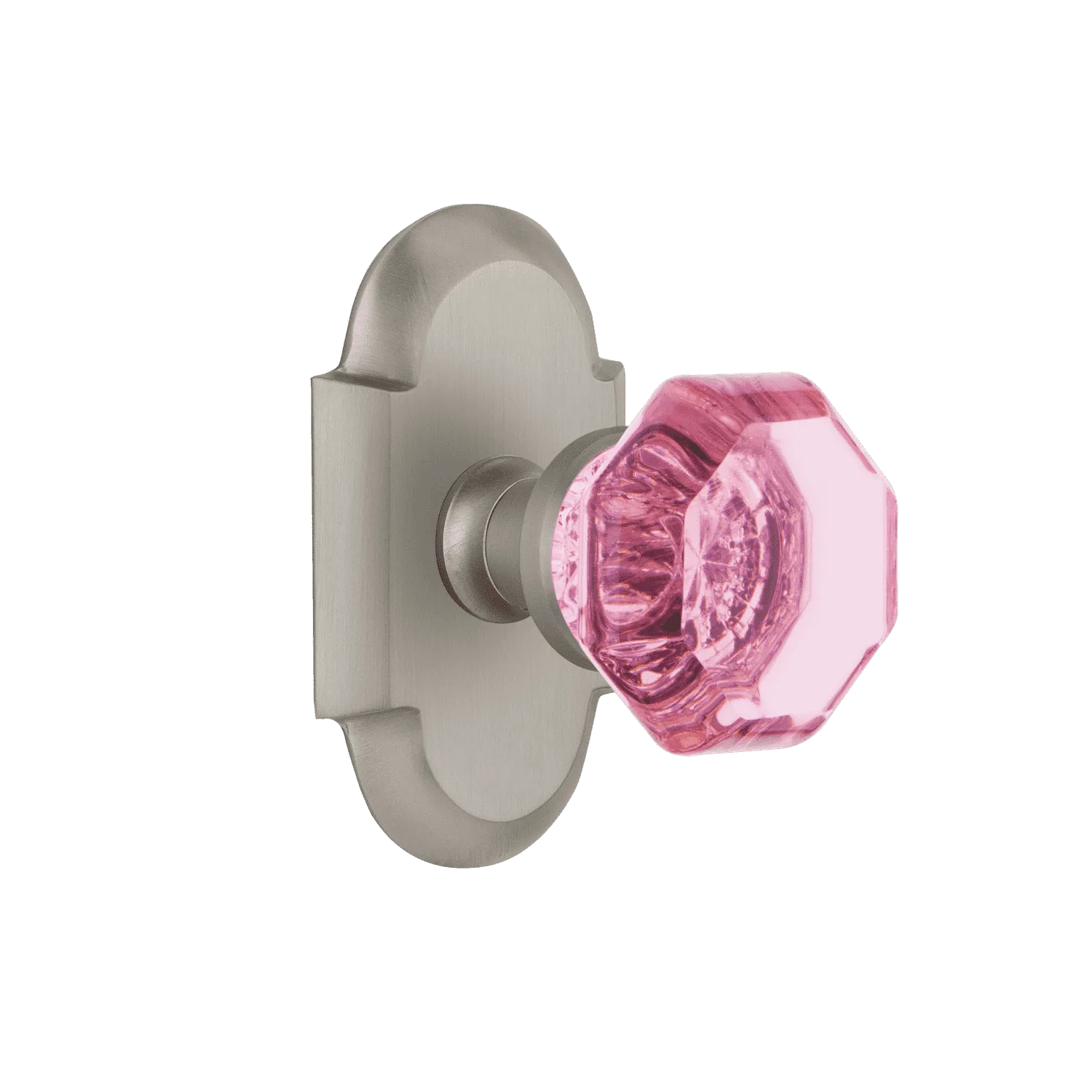 Cottage Short Plate with Pink Waldorf Knob in Satin Nickel