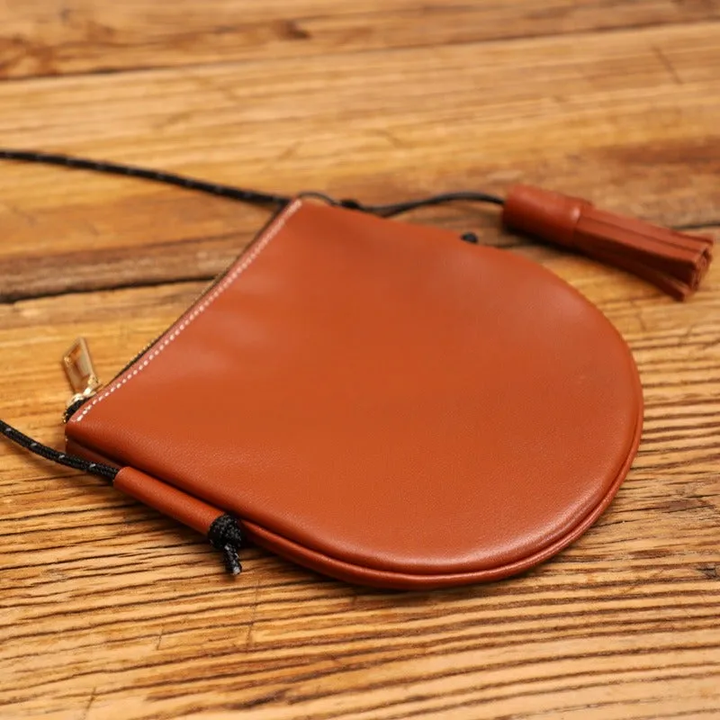 Cute Brown LEATHER Side Bag Tassel Saddle WOMEN SHOULDER BAG Slim With Tassel Crossbody Pouch FOR WOMEN