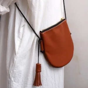Cute Brown LEATHER Side Bag Tassel Saddle WOMEN SHOULDER BAG Slim With Tassel Crossbody Pouch FOR WOMEN