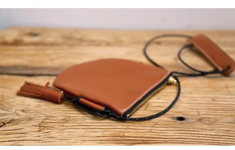 Cute Brown LEATHER Side Bag Tassel Saddle WOMEN SHOULDER BAG Slim With Tassel Crossbody Pouch FOR WOMEN