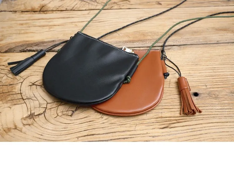 Cute Brown LEATHER Side Bag Tassel Saddle WOMEN SHOULDER BAG Slim With Tassel Crossbody Pouch FOR WOMEN