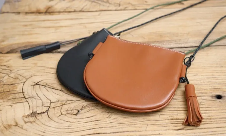 Cute Brown LEATHER Side Bag Tassel Saddle WOMEN SHOULDER BAG Slim With Tassel Crossbody Pouch FOR WOMEN