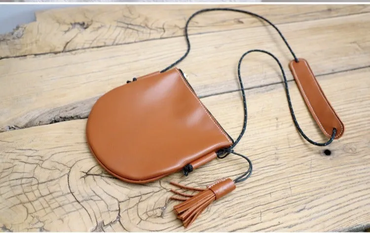 Cute Brown LEATHER Side Bag Tassel Saddle WOMEN SHOULDER BAG Slim With Tassel Crossbody Pouch FOR WOMEN