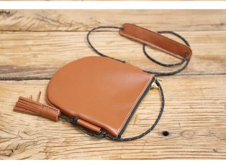 Cute Brown LEATHER Side Bag Tassel Saddle WOMEN SHOULDER BAG Slim With Tassel Crossbody Pouch FOR WOMEN