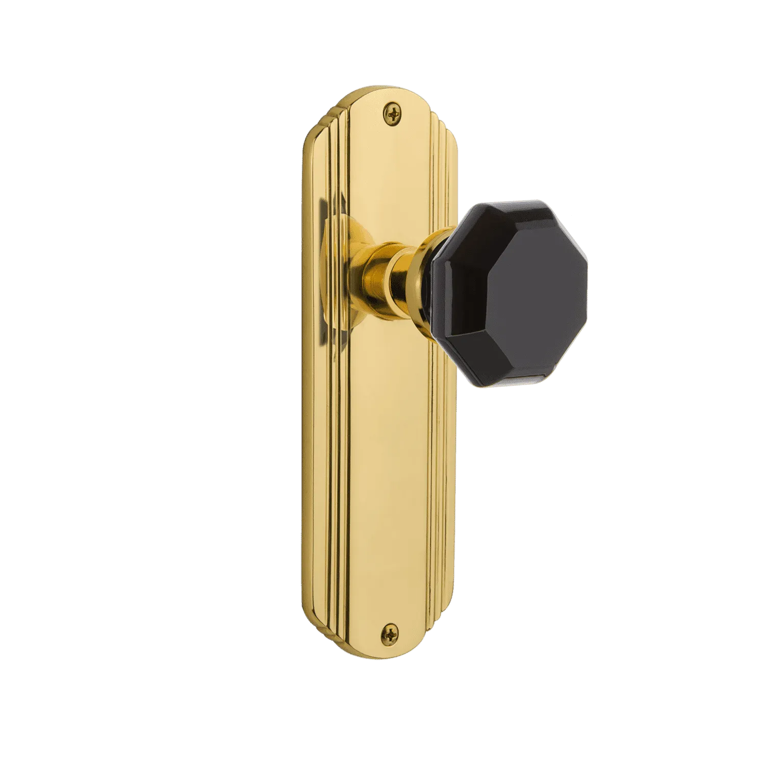 Deco Long Plate with Black Waldorf Knob in Unlacquered Brass
