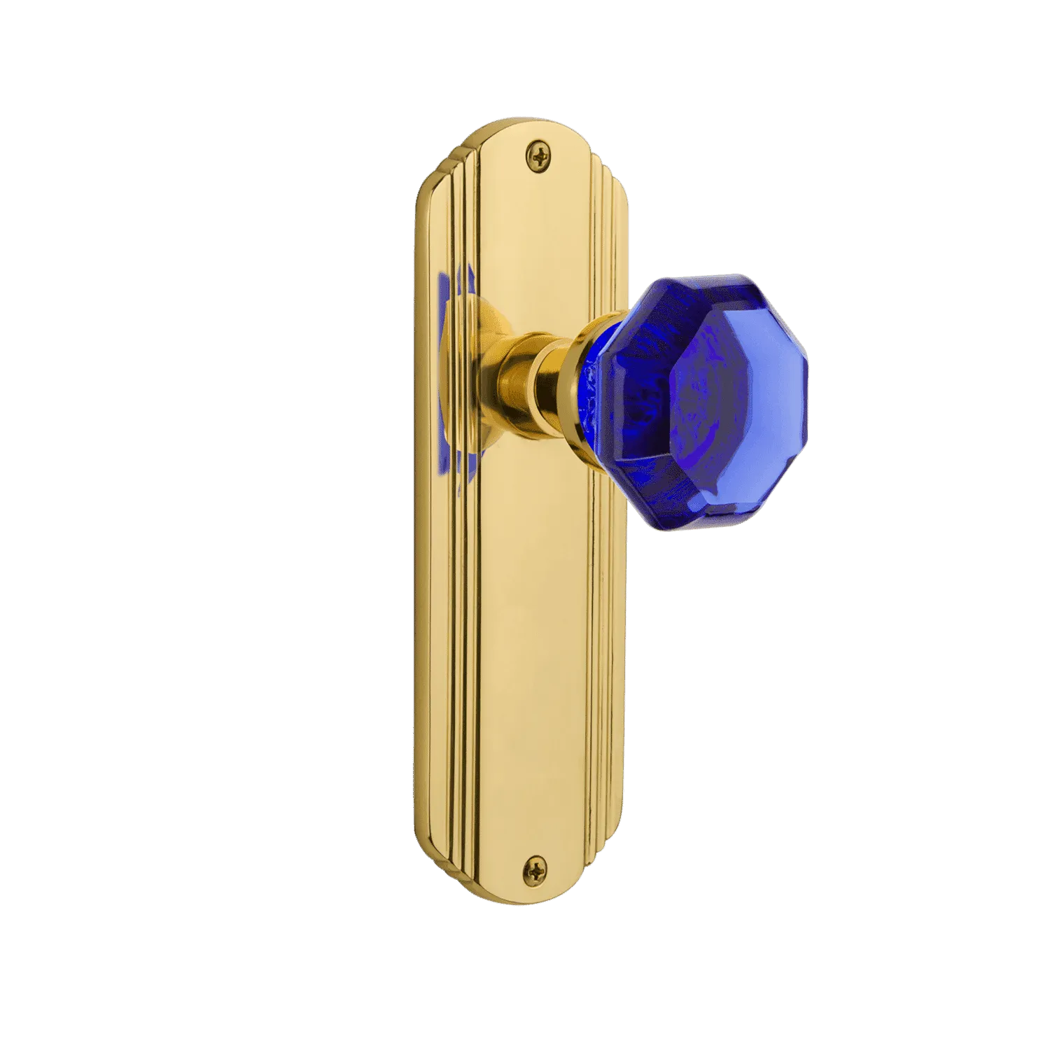 Deco Long Plate with Cobalt Waldorf Knob in Polished Brass